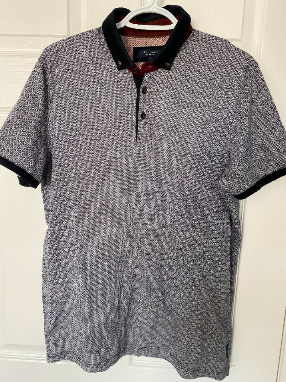 Ted Baker Grey Micro-Print Polo Shirt Size 4 (L)  Navy Contrast Trim